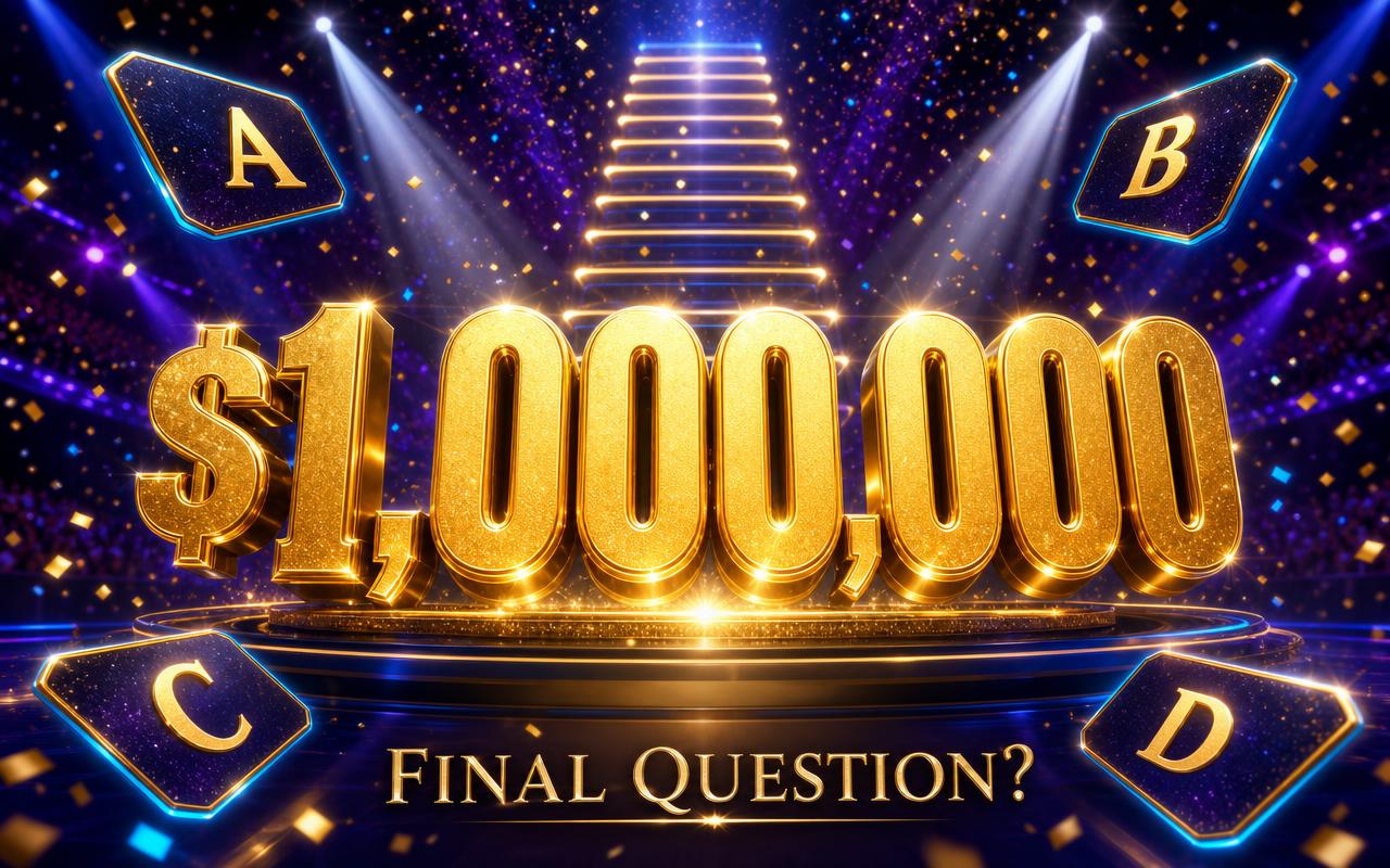 Million Dollar Nurse cover art: huge gold $1,000,000 on a quiz show stage with spotlight beams and A B C D cards