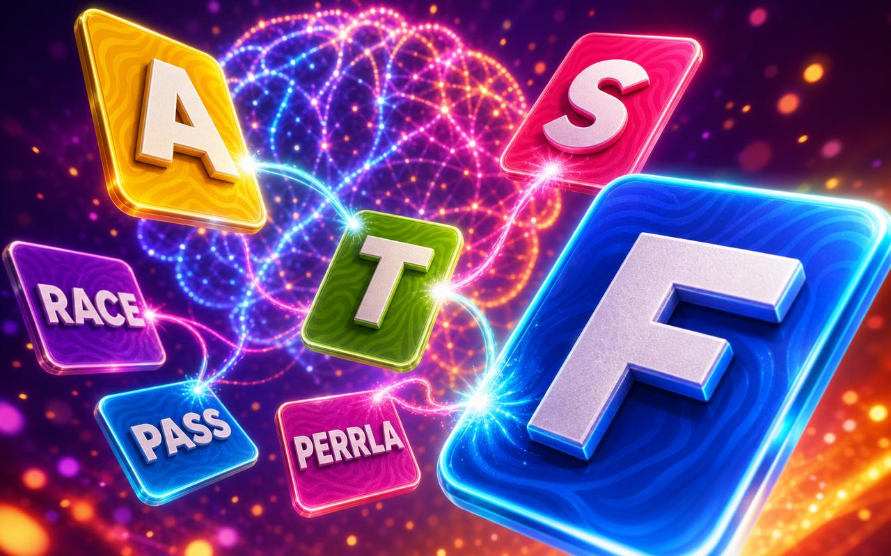 Mnemonic Match cover art: colorful floating letter cards F A S T linked by glowing neon threads over a light-particle brain