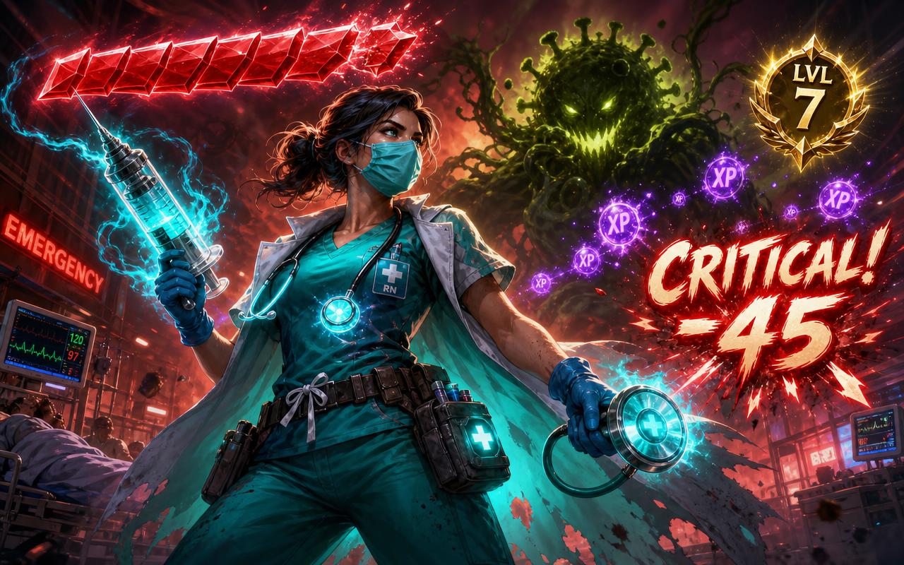 Nurse Quest cover art: heroic nurse in an emergency room facing a glowing sepsis creature with a health bar and CRITICAL hit text