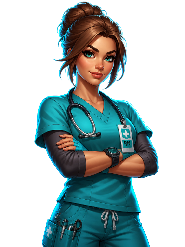 Nurse Quest hero character in teal scrubs